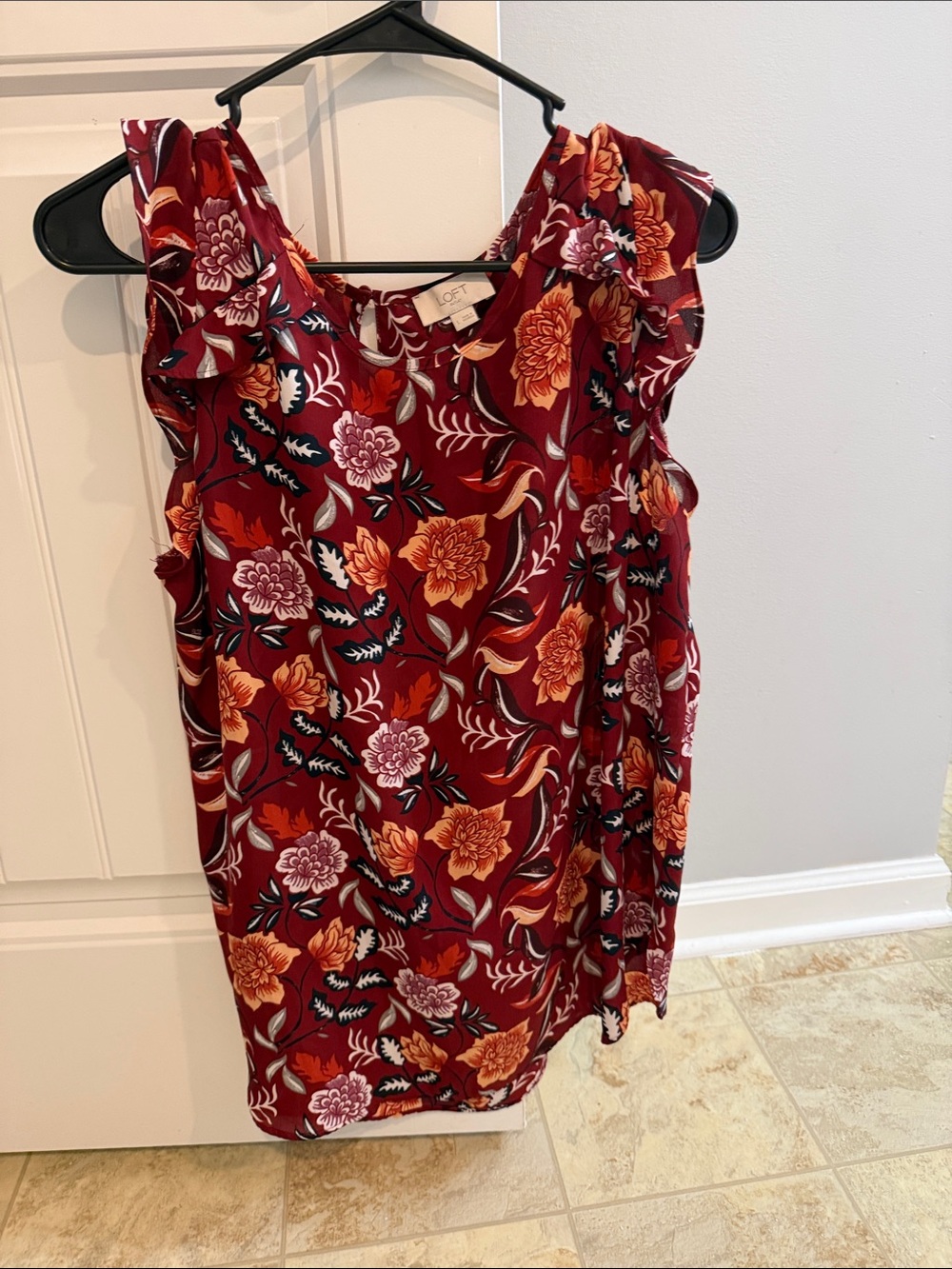 LOFT Burgundy Floral Ruffle Sleeve Blouse